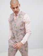 Asos Design Skinny Suit Vest In Printed Pink Floral Wool Mix - Pink