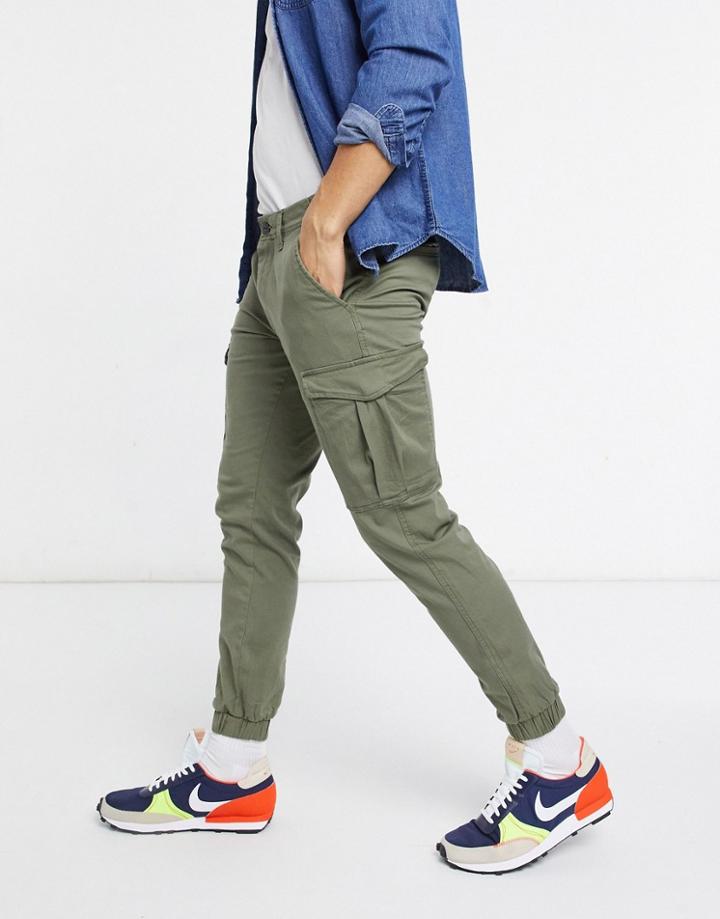 Jack & Jones Intelligence Cargo Pants With Cuff In Khaki-green