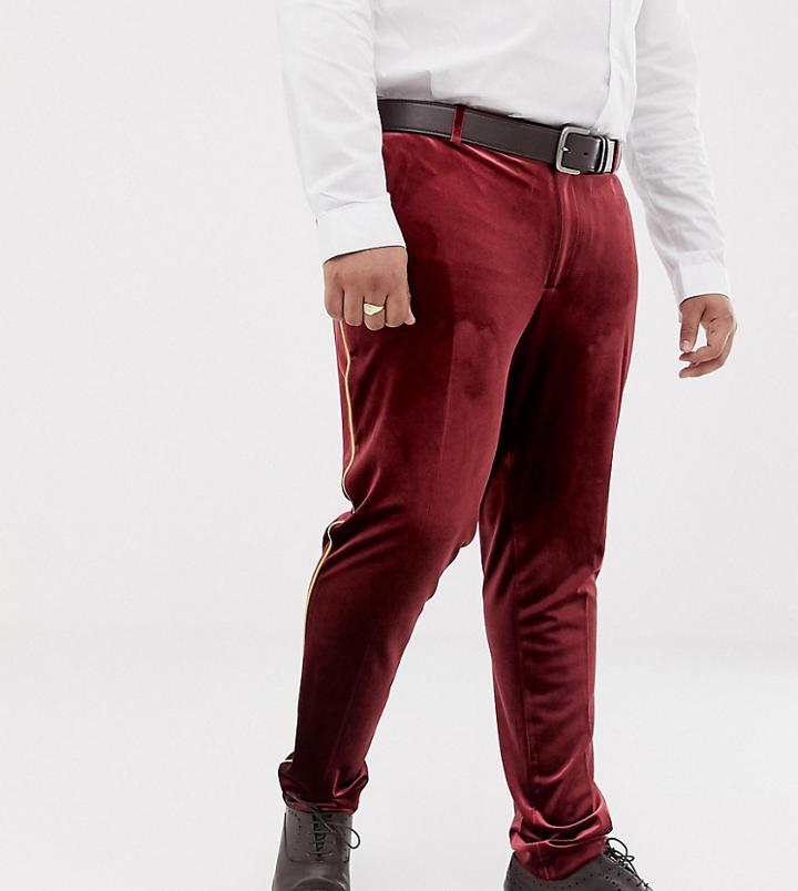 Asos Design Plus Super Skinny Smart Pants In Burgundy Velvet With Gold Piping - Red