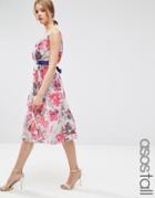 Asos Tall Floral Pleated Midi Dress With Grograin - Multi