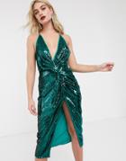 Asos Design Midi Dress With Knot Front In Sheet Sequin-green
