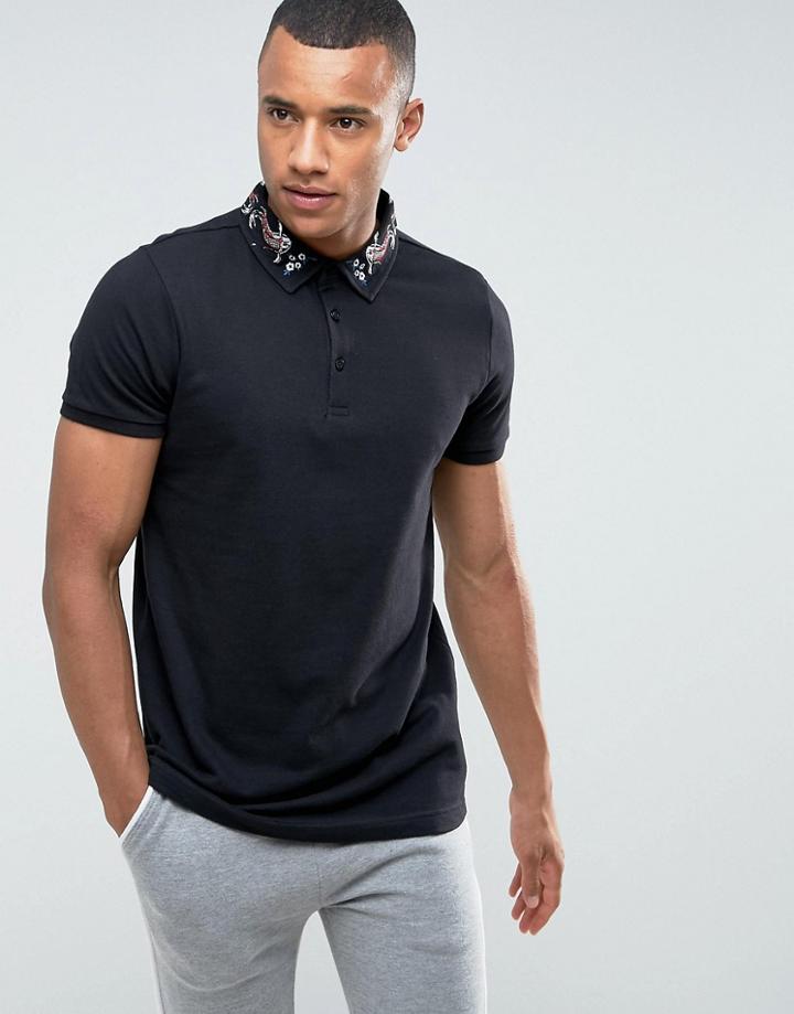 Brave Soul Karp Embroidered Collar Polo Shirt - Black