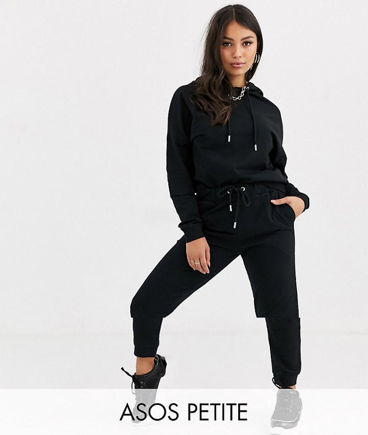 Asos Design Petite Tracksuit Hoodie / Slim Sweatpants With Tie In Cotton - Black