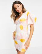 Asos Design Plunge Puff Sleeve Aline Mini Dress In Oversized Floral Print-multi