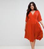 Asos Curve Pleated Kimono Dress In Slinky - Orange