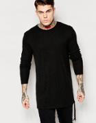 Asos Wool Mix Jersey Longline Long Sleeve T-shirt With Drawstring Hem Detail - Black