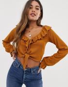 Asos Design Top With Button Front And Ruffle In Textured Fabric-yellow