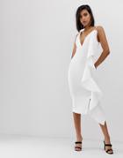 Lavish Alice Scuba V Midi Dress With Sculpted Frill Detail In White - White