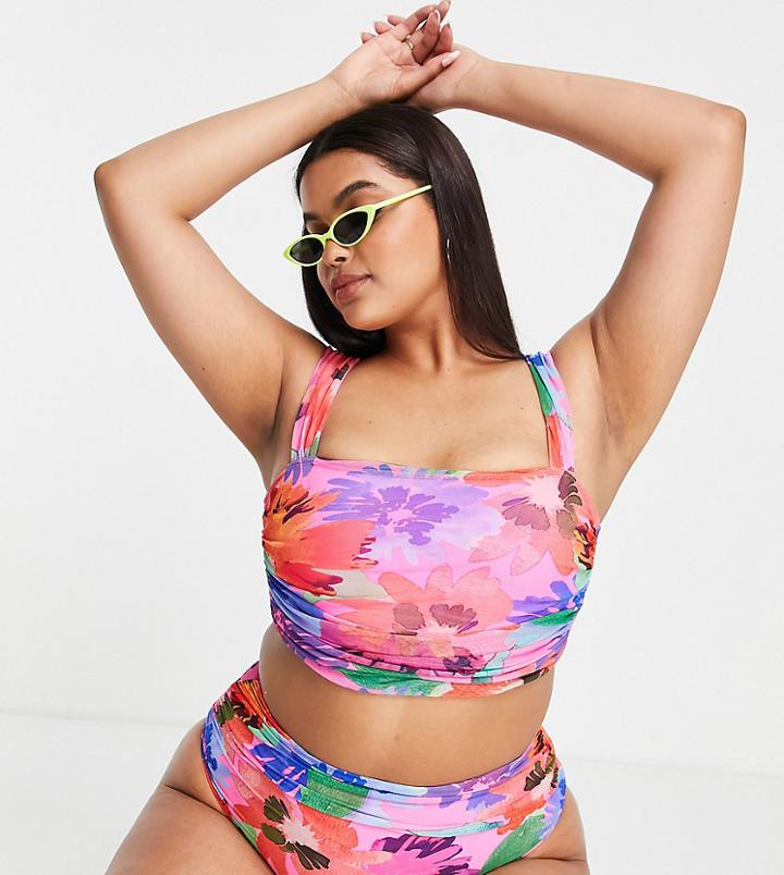 Asos Design Curve Mesh Crop Bikini Top In Abstract Floral Print-multi