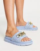 River Island Chain Quilted Slides In Blue