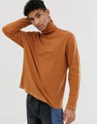 Asos Design Relaxed Long Sleeve T-shirt With Roll Neck And Contrast Stitching In Brown - Brown