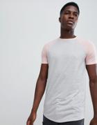 Asos Design Longline T-shirt With Curved Hem And Contrast Raglan Sleeves In Linen Mix In Gray - Gray
