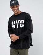 Asos Oversized Long Sleeve T-shirt With Nyc Print And Curve Hem - Black