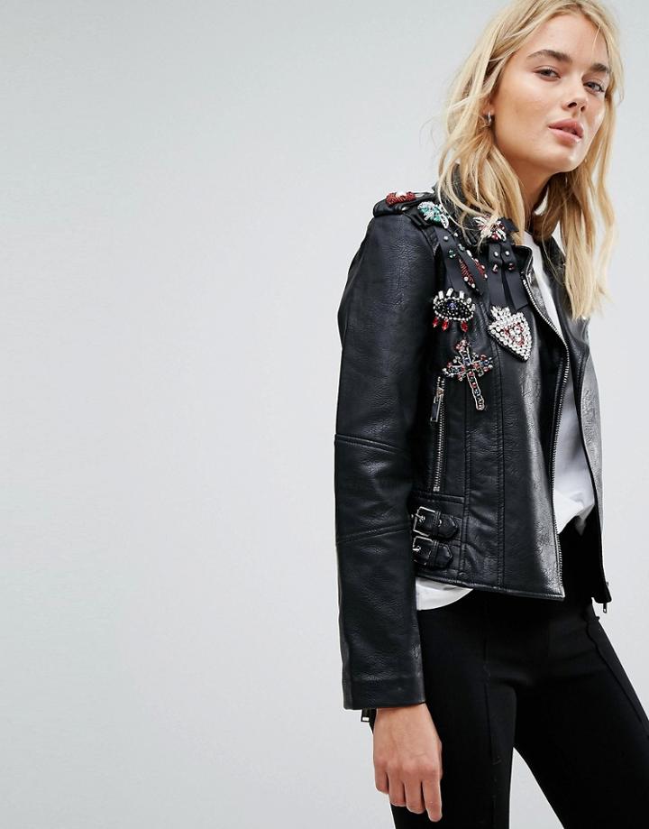 Mango Embellished Faux Leather Jacket - Black