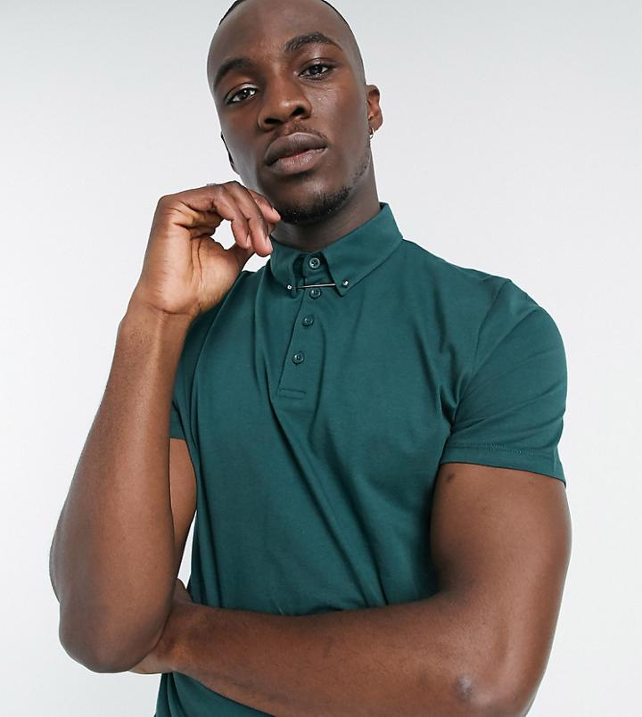 Asos Design Tall Polo Shirt With Collar Pin In Dark Green