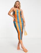 Asos Design Bandeau Contoured Midi Dress In Blue And Orange Stripe-multi