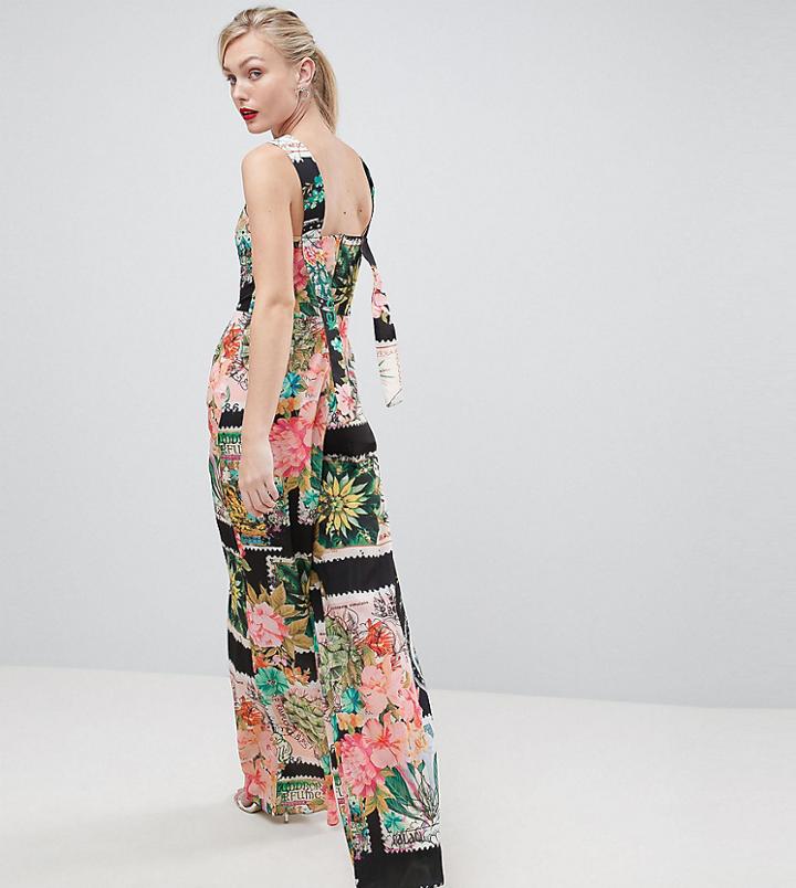 Asos Tall Square Neck Jumpsuit In Postcard Print - Multi