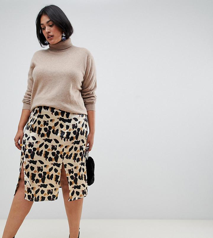 Influence Plus Satin Leopard Print Midi Skirt With Slits - Brown