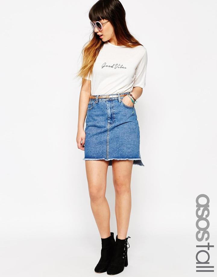 Asos Tall Denim Skirt With Stepped Hem - Blue