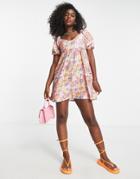 Miss Selfridge V Neck Puff Sleeve Smock Mini Dress In Purple Cluster Floral