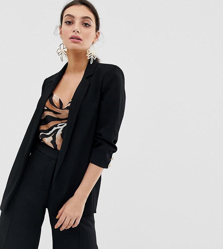 River Island Blazer With Ruched Sleeves In Black - Black