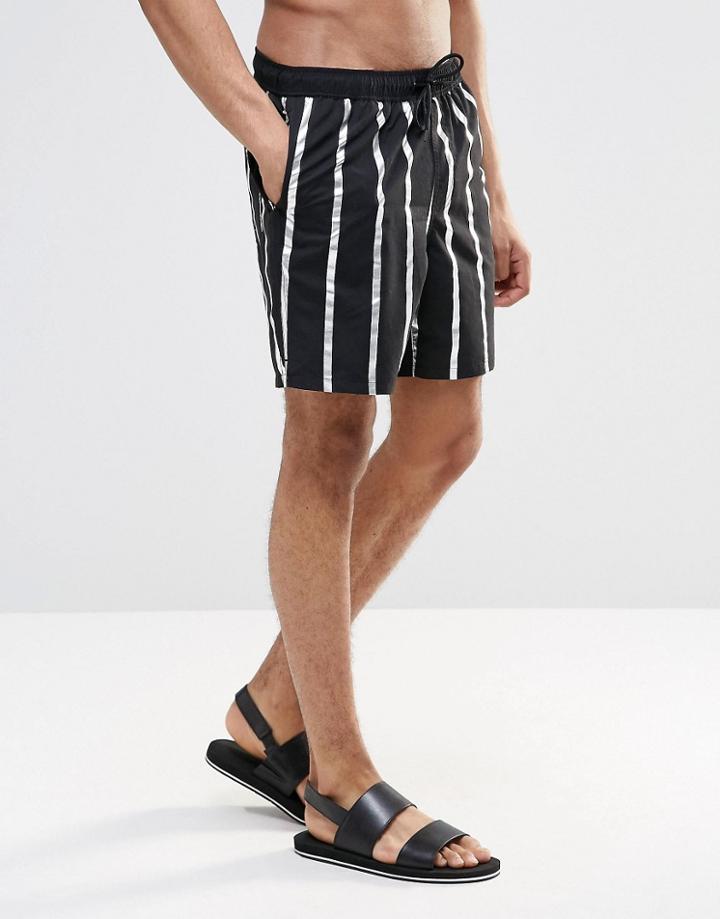 Asos Mid Length Swim Shorts In Metallic Stripe - Black