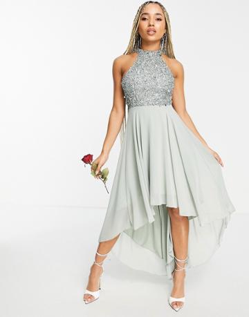 Beauut Bridesmaid Embellished Dip Hem Midi Dress In Sage Green