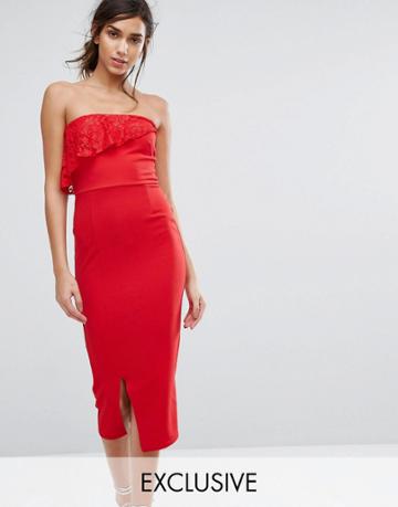 Silver Bloom Bandeu Midi Dress With Overlay - Red