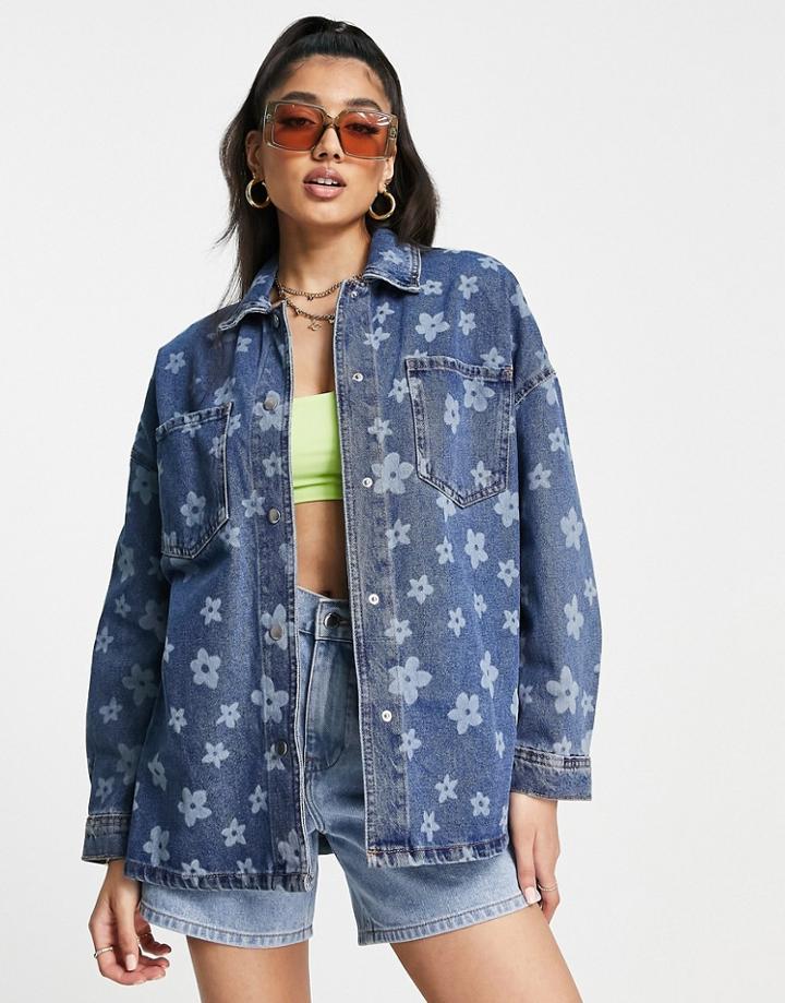 New Look Daisy Print Denim Jacket In Mid Blue Wash