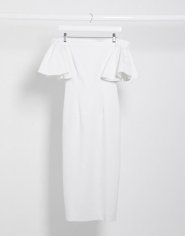 Aqaq Bardot Ruffle Sleeve Midi Dress In White