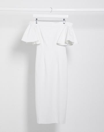 Aqaq Bardot Ruffle Sleeve Midi Dress In White