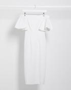 Aqaq Bardot Ruffle Sleeve Midi Dress In White