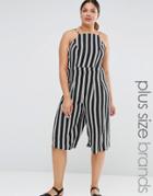 New Look Plus Stripe High Neck Culotte Jumpsuit - Black
