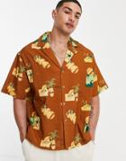 Asos Design Boxy Oversized Deep Revere Shirt In Brown Conversation Print