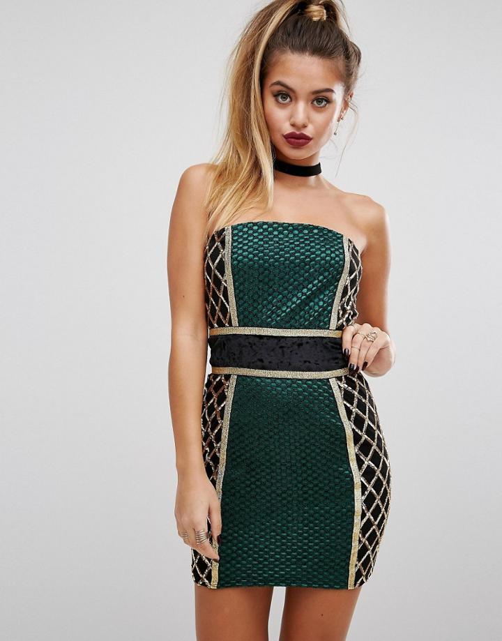 Prettylittlething Premium Strapless Blocked Embellished Mini Dress - G