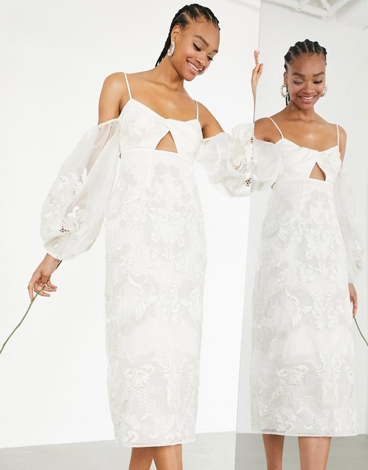 Asos Edition Willow Embroidered Twist Front Midi Wedding Dress With Statement Sleeve-white