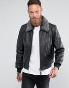 Schott Leather Flight Jacket Detachable Faux Fur Collar Slim Fit In Black - Black