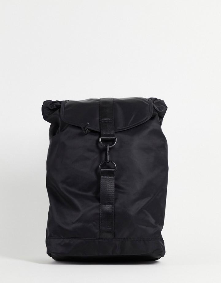 Asos Design Backpack With Front Carabiner Clip Detail In Black Nylon