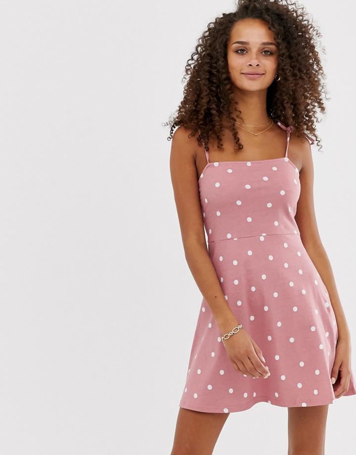 Asos Design Mini Square Neck Sundress With Tie Straps In Rose Spot-multi