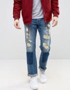 Asos Straight Jeans With Shadow Patching And Mega Rips In Mid Wash - B