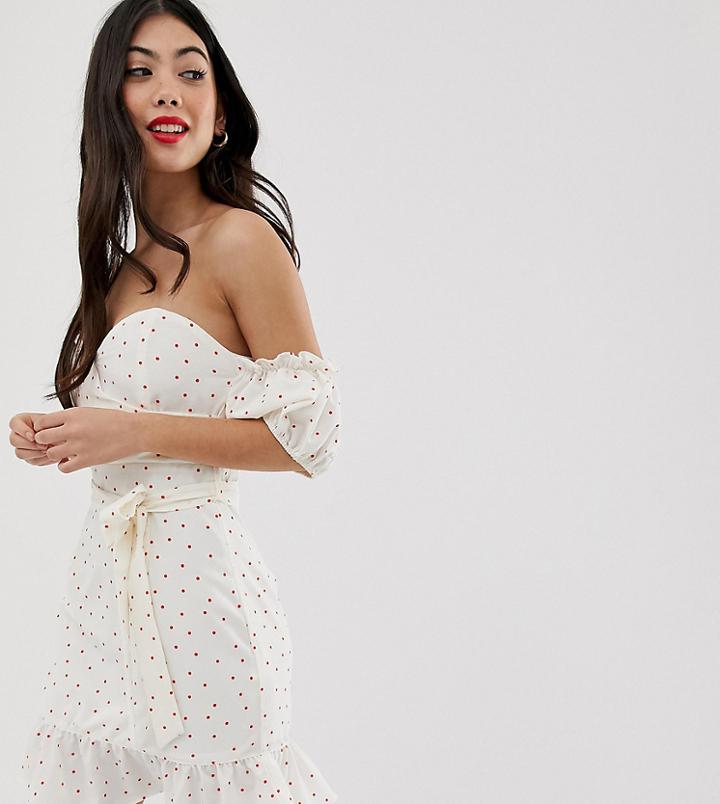 Glamorous Petite Bardot Mini Dress With Puff Sleeves In Spot-white