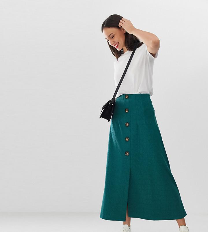 Asos Design Tall Textured Midi Skirt With Button Front - Blue