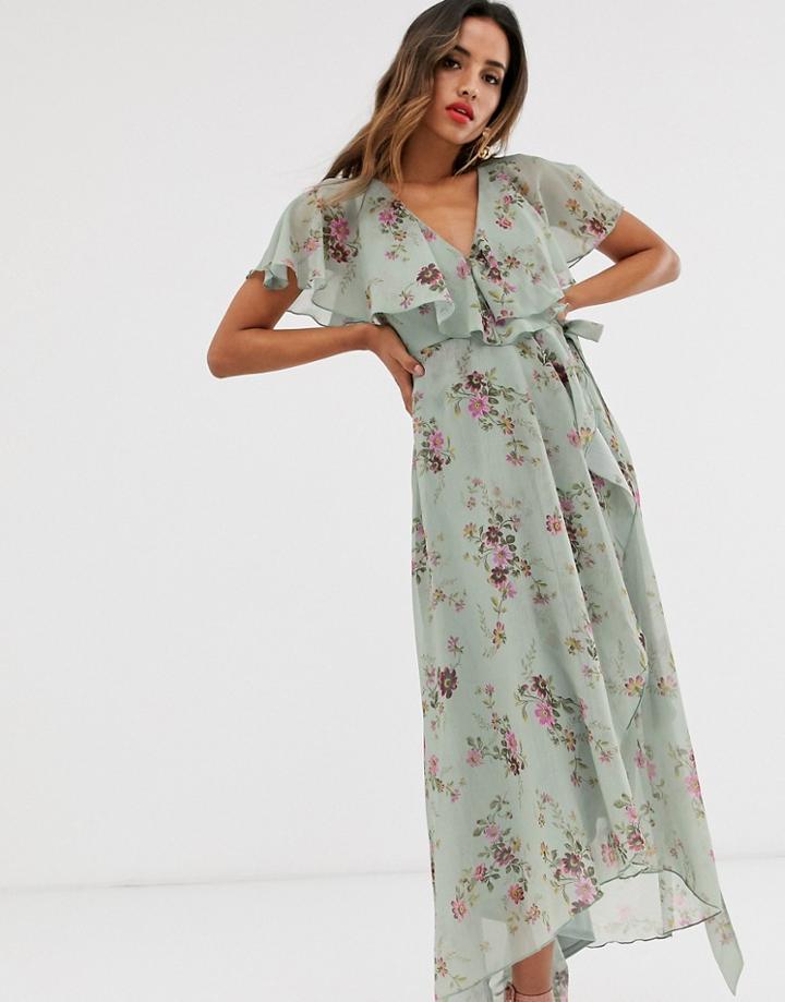 Asos Design Cape Back Maxi Dress In Duck Egg Floral Print - Multi