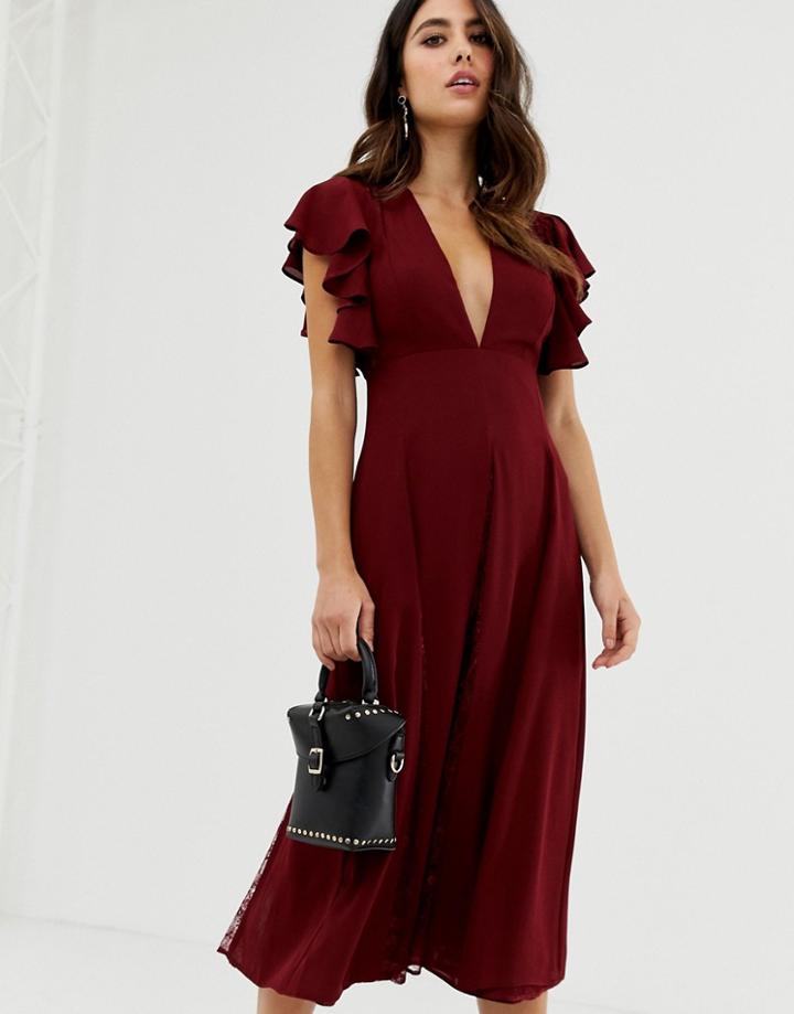 Asos Design Midi Dress With Lace Godet Panels-red