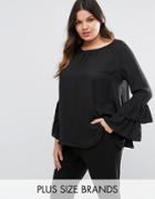 Lovedrobe Maxi Ruffle Fluted Sleeve Woven Top - Black