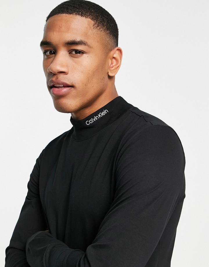 Calvin Klein High Neck Logo Stretch Slim Fit Long Sleeve Top In Black