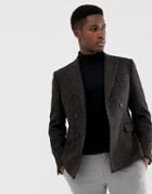 Asos Design Slim Double Breasted Blazer In 100% Wool Harris Tweed - Brown