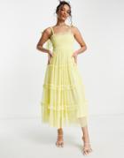 Lace & Beads Tie Shoulder Tiered Midi Tulle Dress In Lemon-yellow