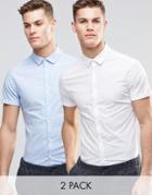 Asos Skinny Shirt In White And Blue With Short Sleeves 2 Pack Save 15%