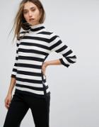 Sisley High Neck Stripe Ribbed Knit Top - Multi